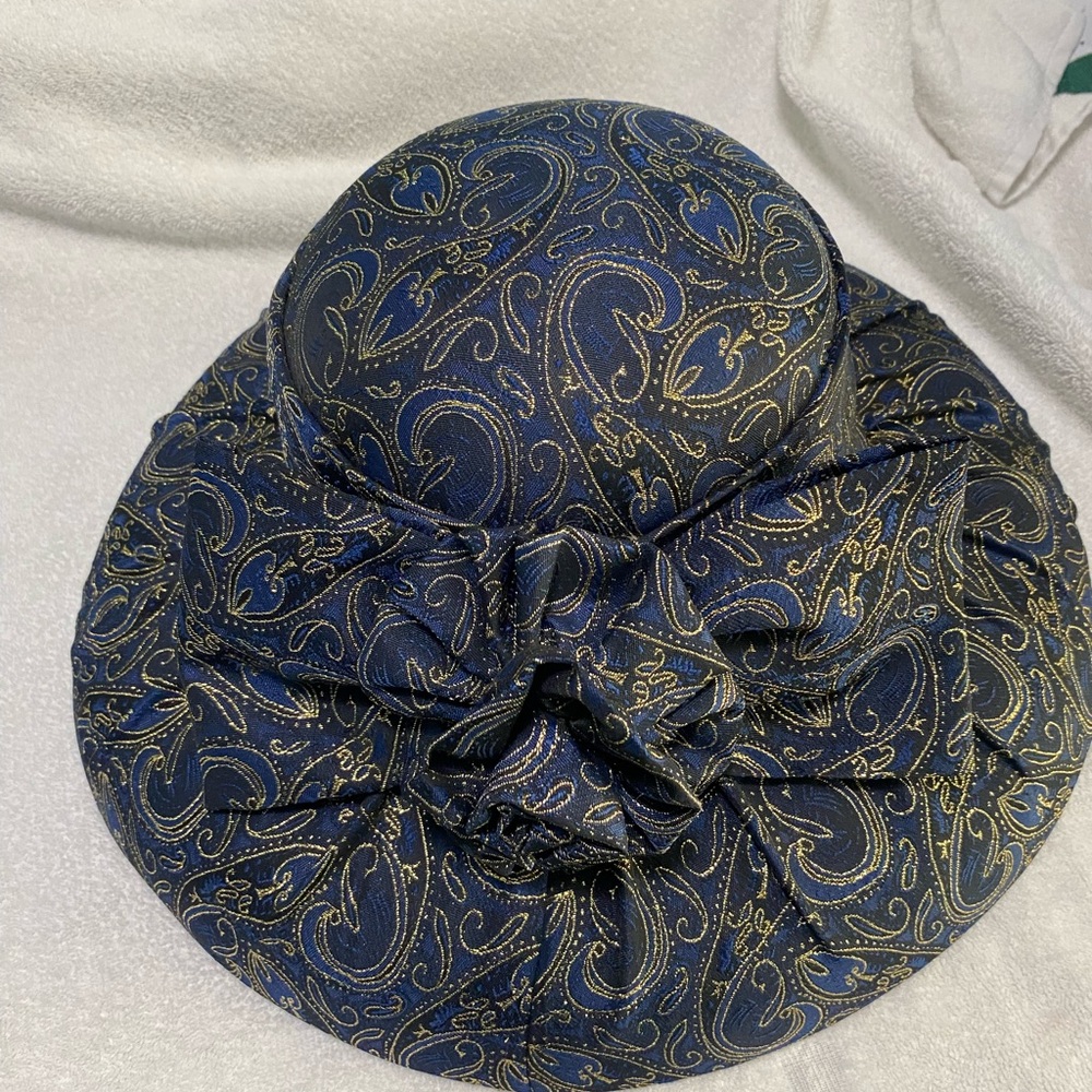 NWT Vintage Harmony Derby/Church Elegant Blue and Gold Women's Wide Brim Hat